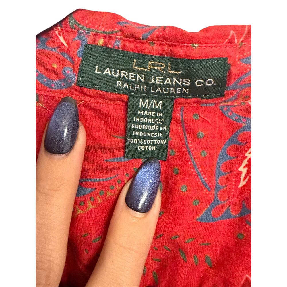 Lauren Jeans Co Ralph Lauren Women’s Red Paisley Ruffle Blouse Boho Western - Picture 4 of 10